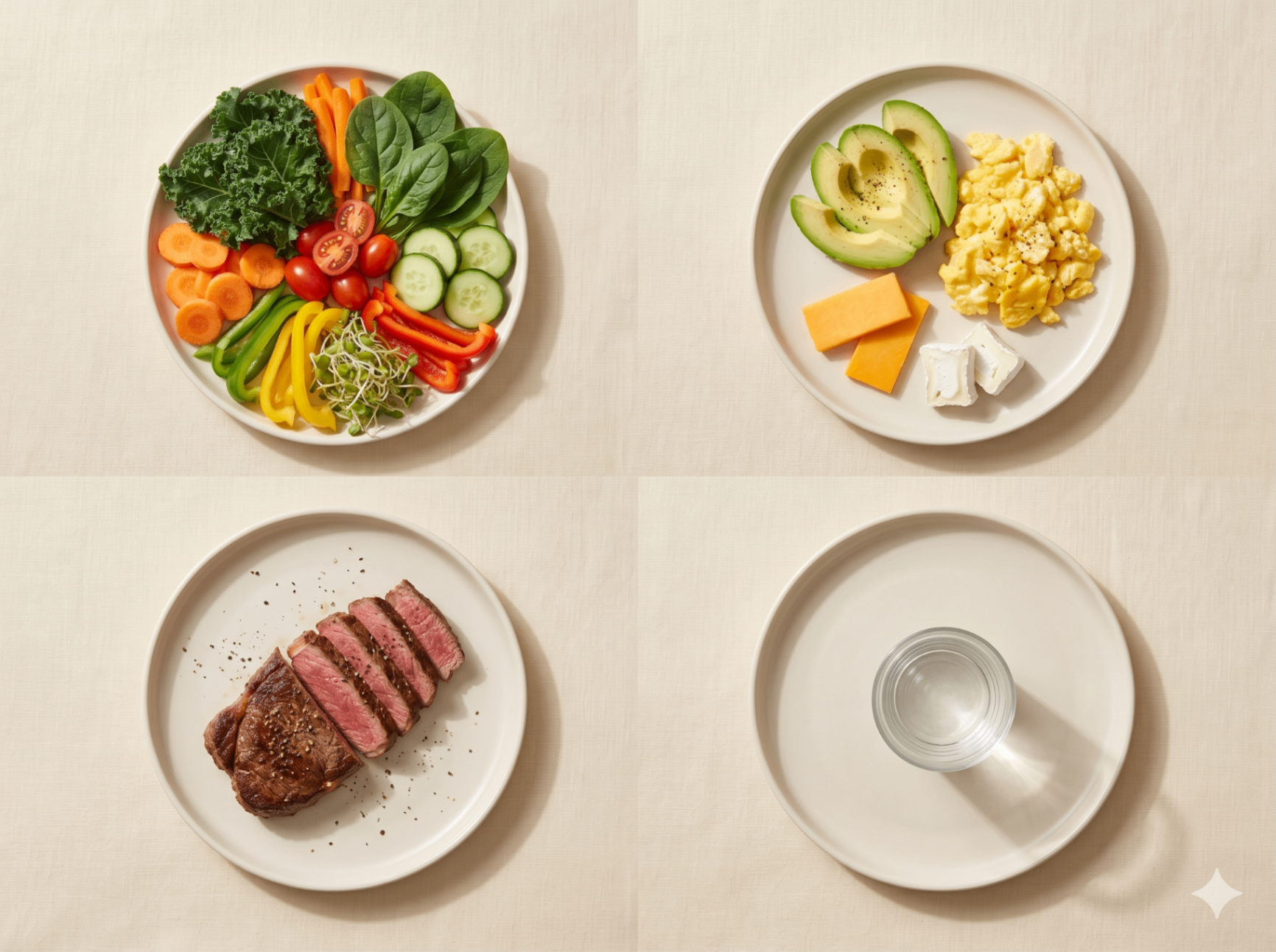 Four plates representing different diets: vegetables, keto, carnivore, and fasting